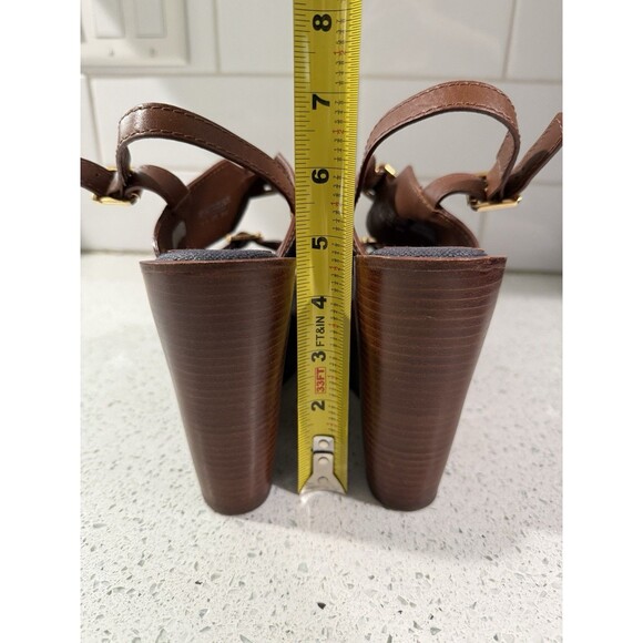 Tory Burch Women’s Wedges Florian Denim Brown Leather Platform Sandals Heels 8M - Picture 8 of 12